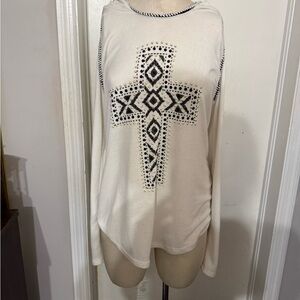 Vocal‎ Women's Cream Long Sleeve Top with hood and Black Cross Design